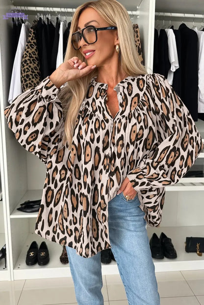 Jet Stream Oversized Leopard Print Balloon Sleeve Casual Shirt - Aaria Tees