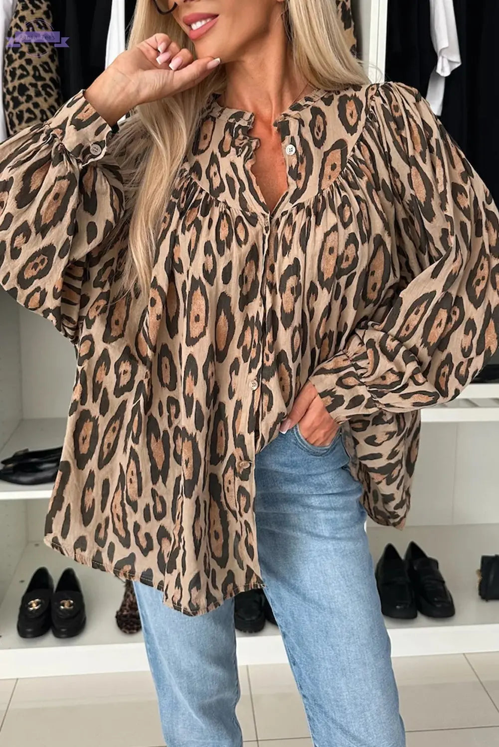 Jet Stream Oversized Leopard Print Balloon Sleeve Casual Shirt - Aaria Tees