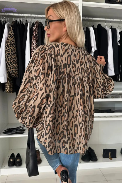 Jet Stream Oversized Leopard Print Balloon Sleeve Casual Shirt - Aaria Tees