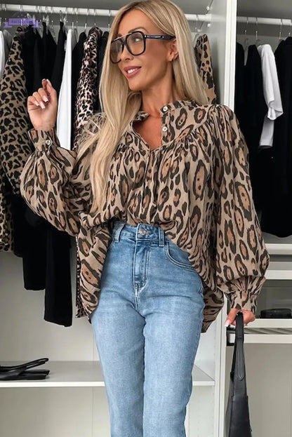 Jet Stream Oversized Leopard Print Balloon Sleeve Casual Shirt - Aaria Tees