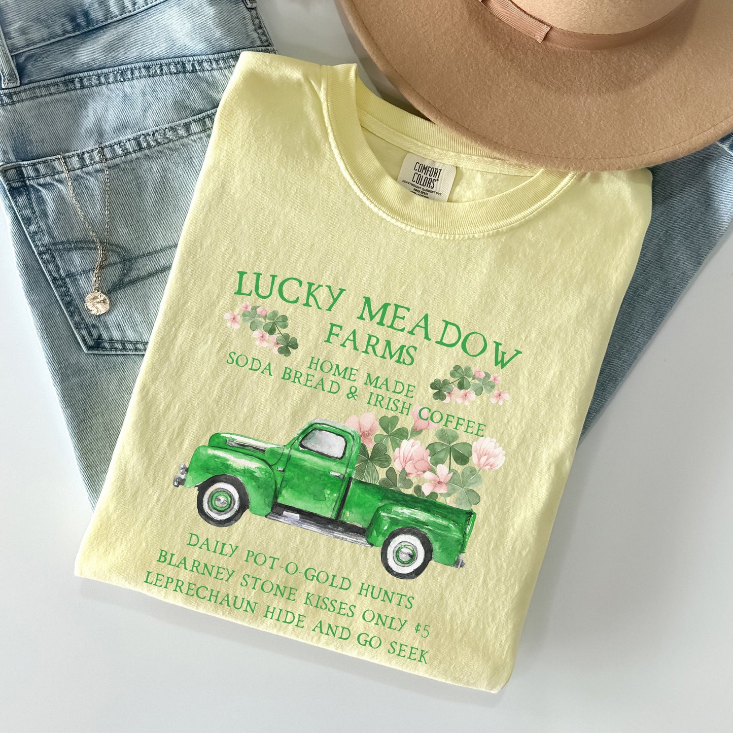 Lucky Meadow Farms, St Patrick's Day, Shamrock, Truck Comfort Colors Tshirt