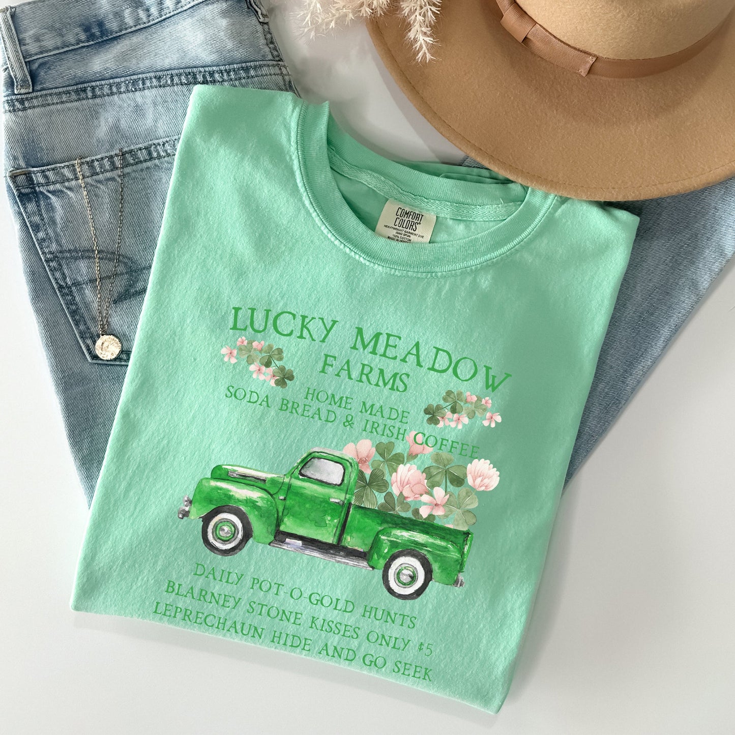 Lucky Meadow Farms, St Patrick's Day, Shamrock, Truck Comfort Colors Tshirt