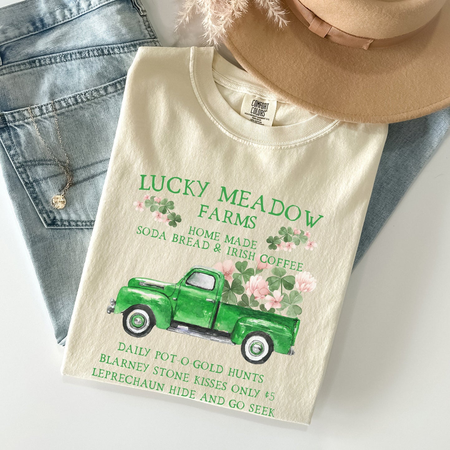 Lucky Meadow Farms, St Patrick's Day, Shamrock, Truck Comfort Colors Tshirt