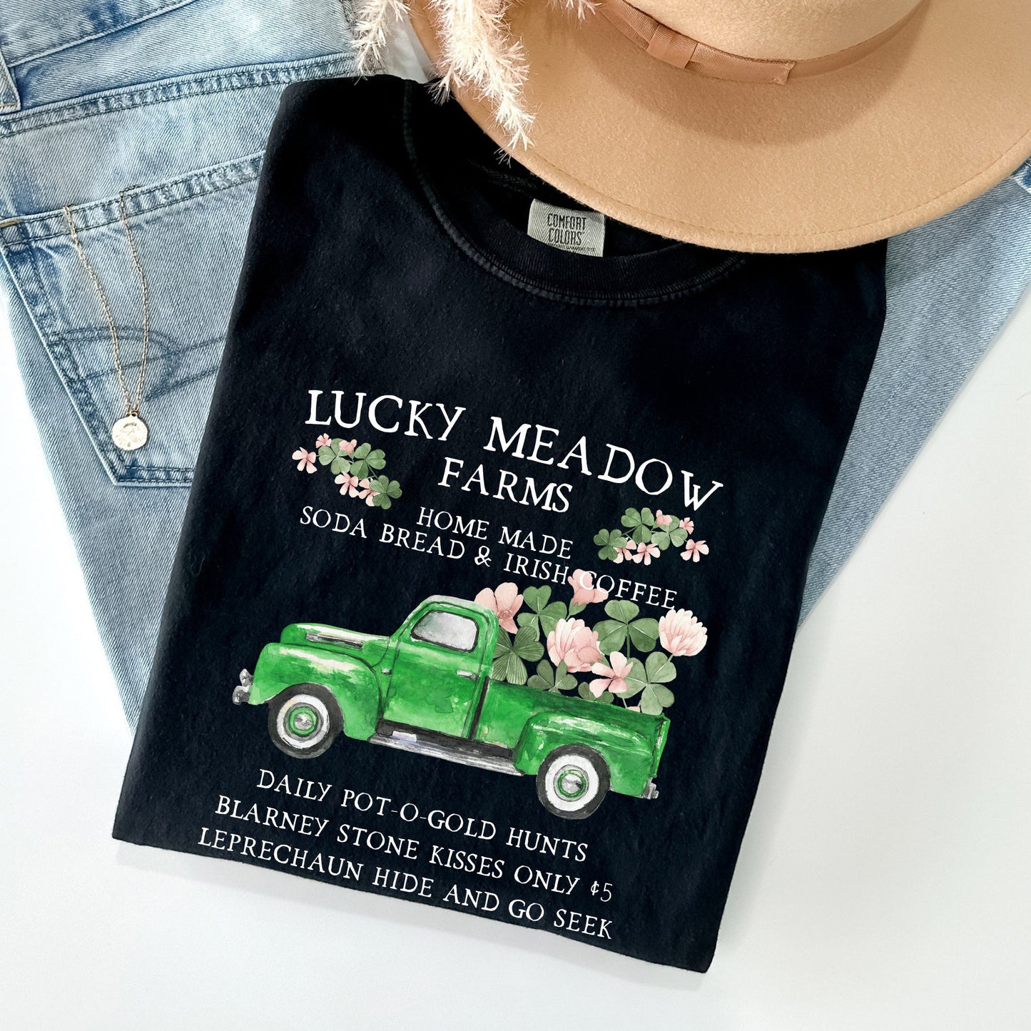Lucky Meadow Farms, St Patrick's Day, Shamrock, Truck Comfort Colors Tshirt