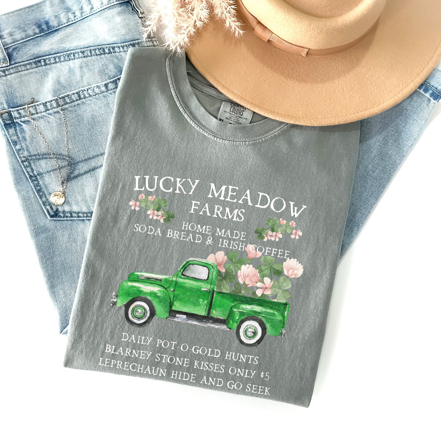 Lucky Meadow Farms, St Patrick's Day, Shamrock, Truck Comfort Colors Tshirt