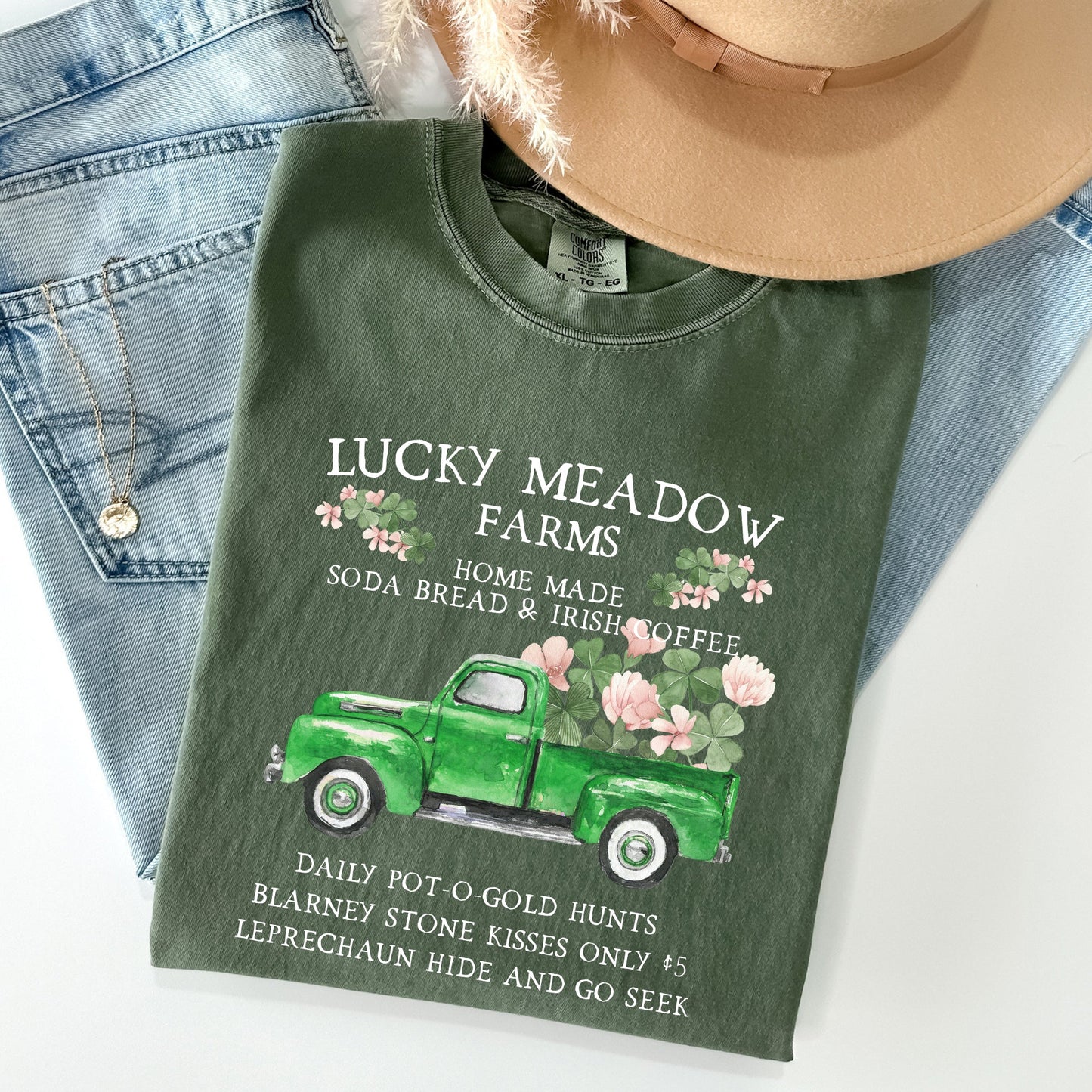 Lucky Meadow Farms, St Patrick's Day, Shamrock, Truck Comfort Colors Tshirt