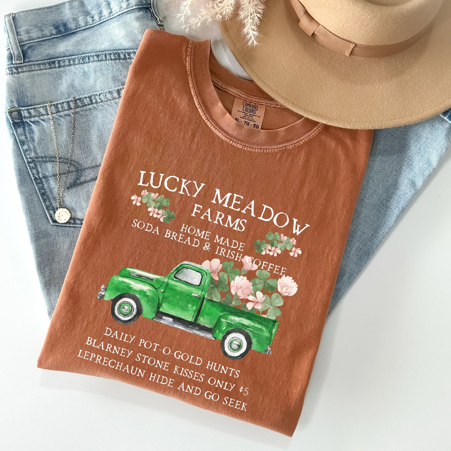 Lucky Meadow Farms, St Patrick's Day, Shamrock, Truck Comfort Colors Tshirt