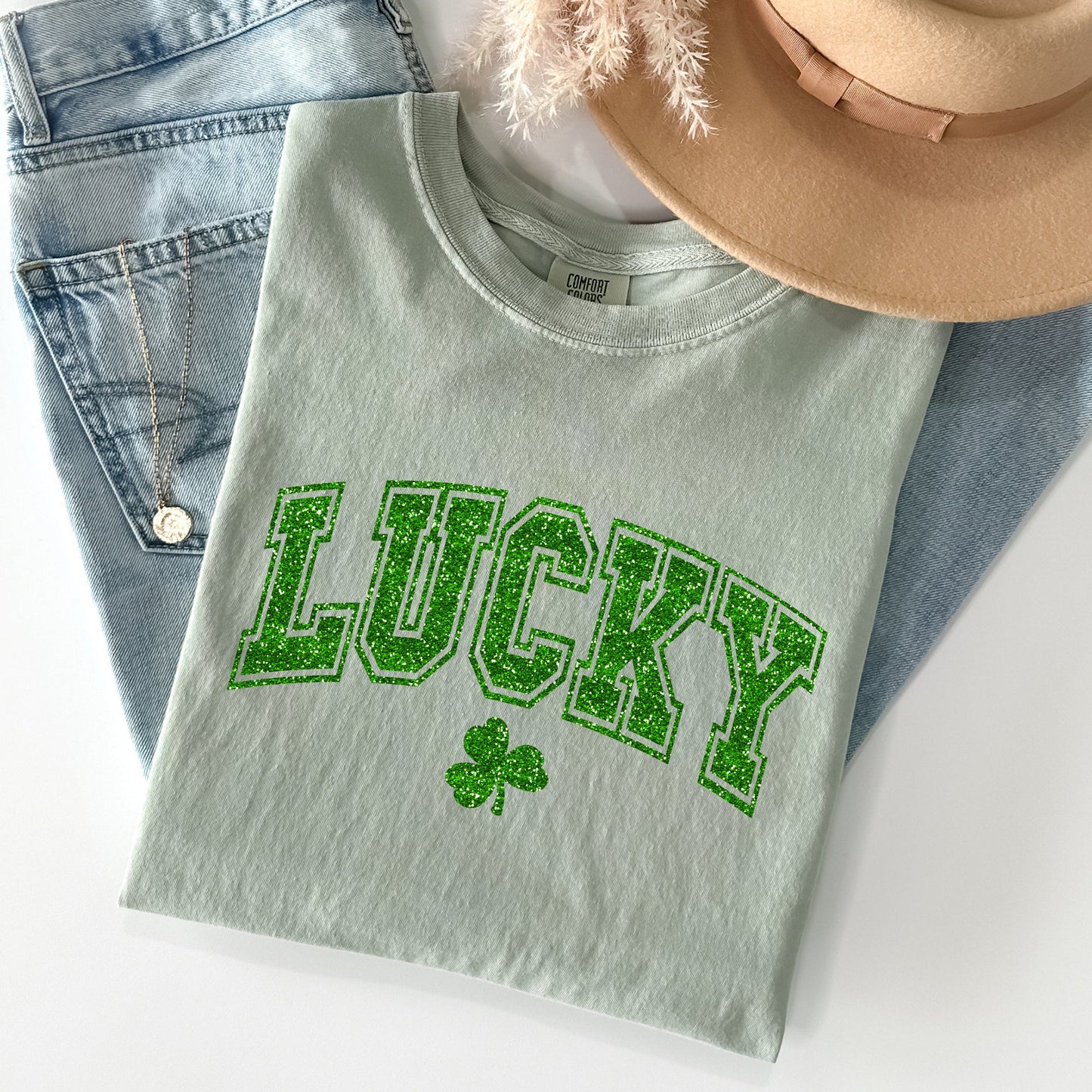 Lucky, Glitter Shamrock, St Patrick's Day Comfort Colors Tshirt