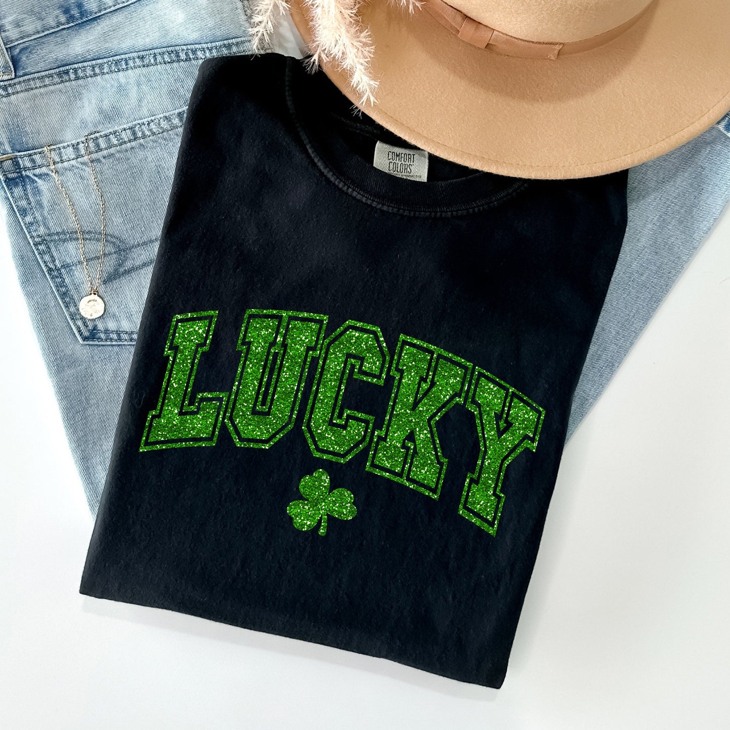 Lucky, Glitter Shamrock, St Patrick's Day Comfort Colors Tshirt