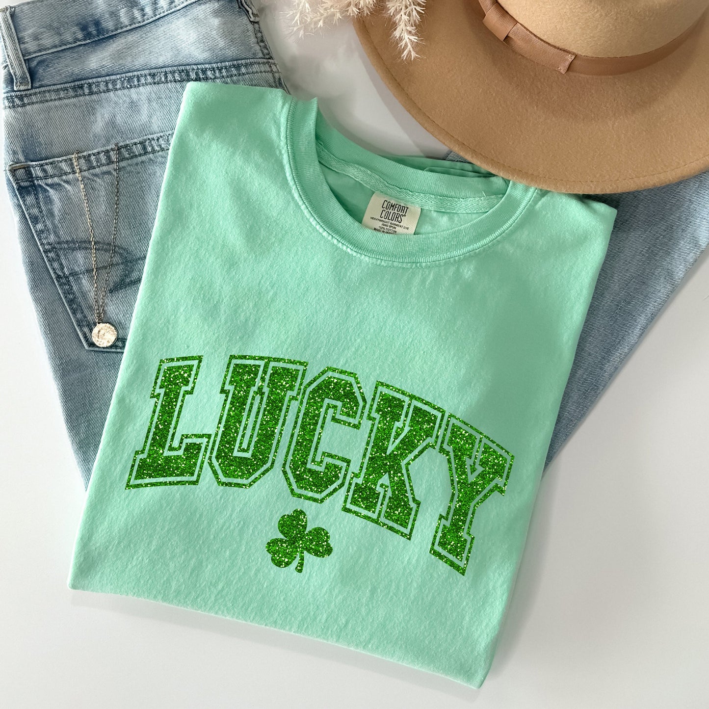 Lucky, Glitter Shamrock, St Patrick's Day Comfort Colors Tshirt