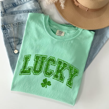 Lucky, Glitter Shamrock, St Patrick's Day Comfort Colors Tshirt