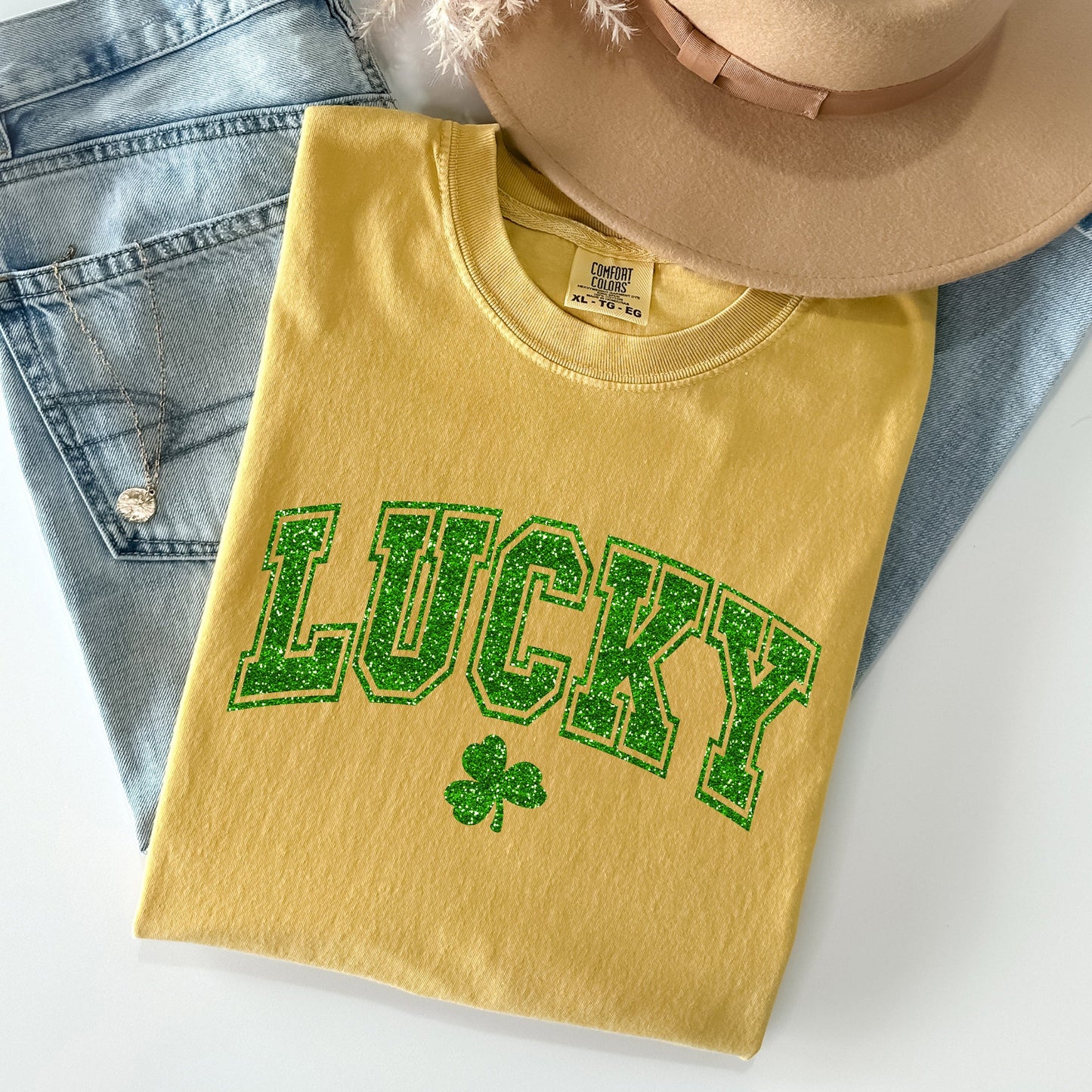 Lucky, Glitter Shamrock, St Patrick's Day Comfort Colors Tshirt