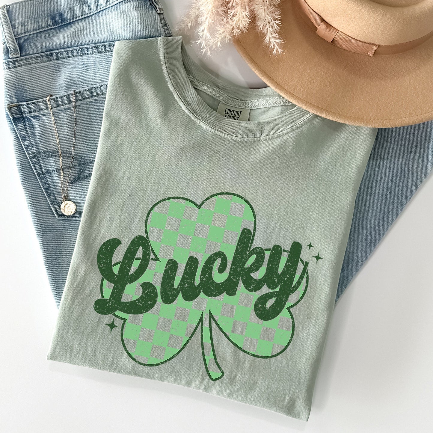 Lucky, Shamrock, Checker Print, St Patrick's Day Comfort Colors Tshirt