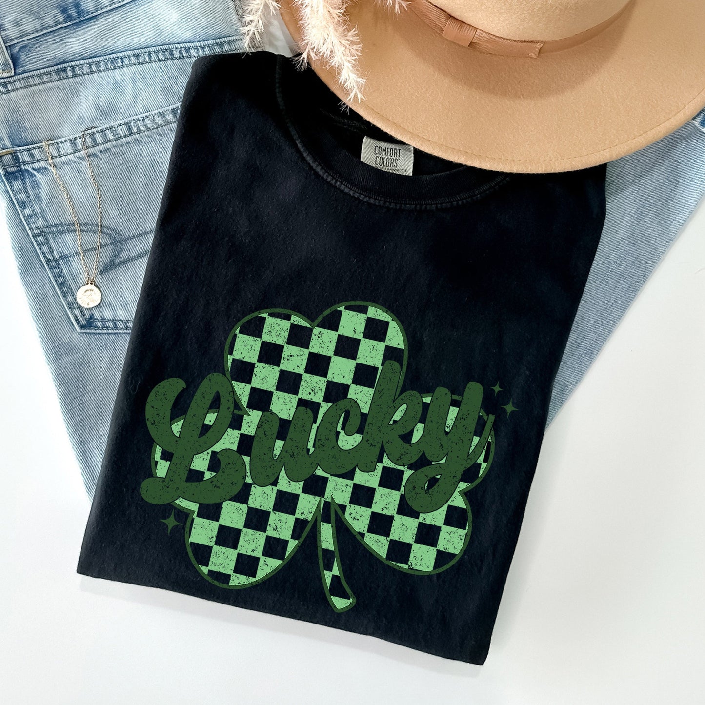 Lucky, Shamrock, Checker Print, St Patrick's Day Comfort Colors Tshirt