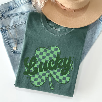 Lucky, Shamrock, Checker Print, St Patrick's Day Comfort Colors Tshirt