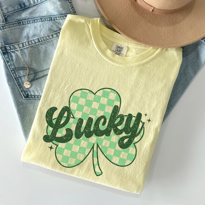 Lucky, Shamrock, Checker Print, St Patrick's Day Comfort Colors Tshirt