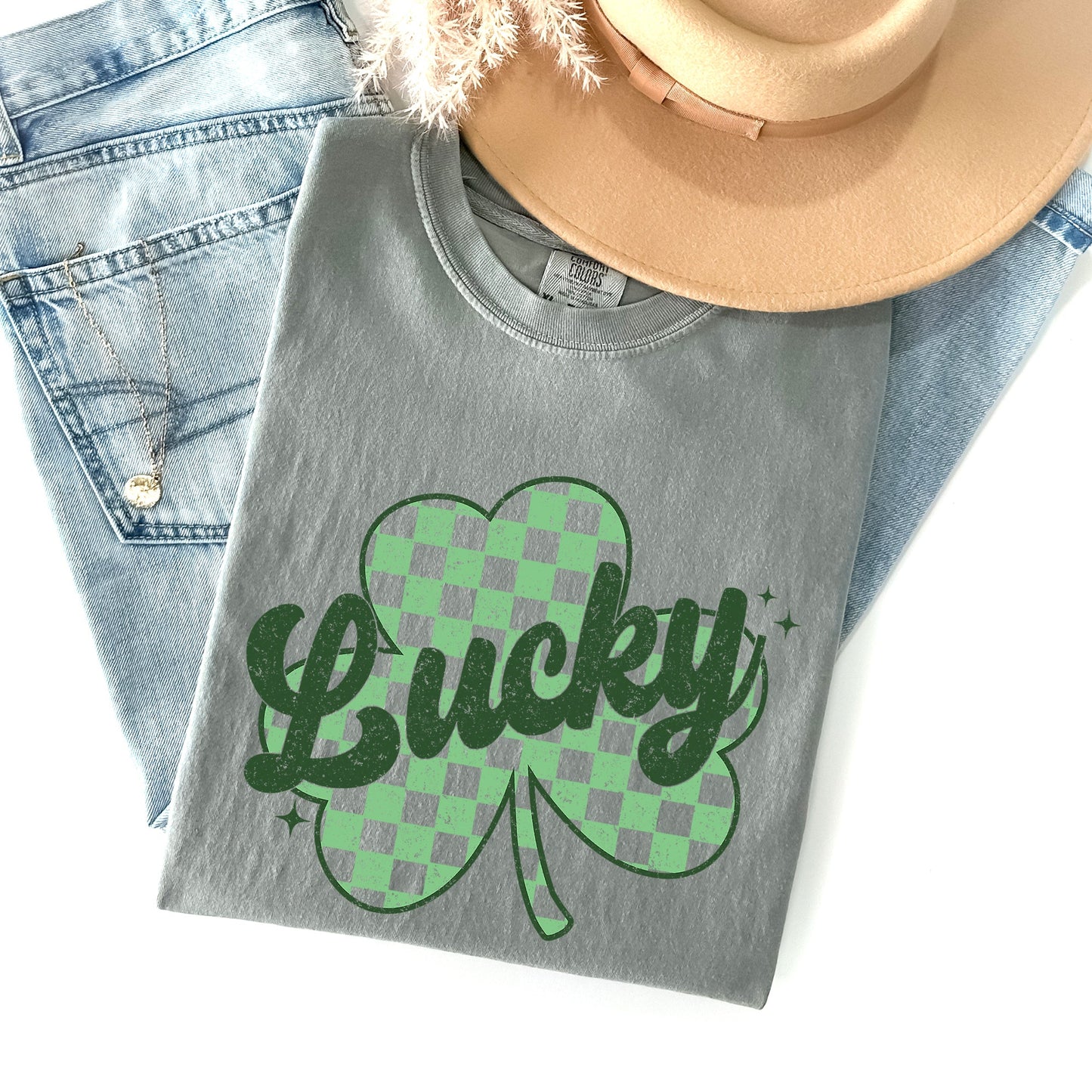 Lucky, Shamrock, Checker Print, St Patrick's Day Comfort Colors Tshirt