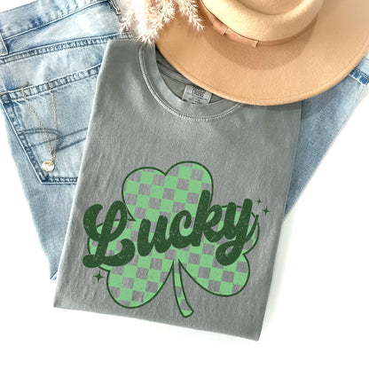 Lucky, Shamrock, Checker Print, St Patrick's Day Comfort Colors Tshirt