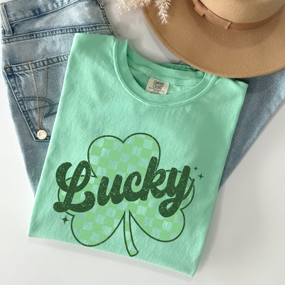 Lucky, Shamrock, Checker Print, St Patrick's Day Comfort Colors Tshirt