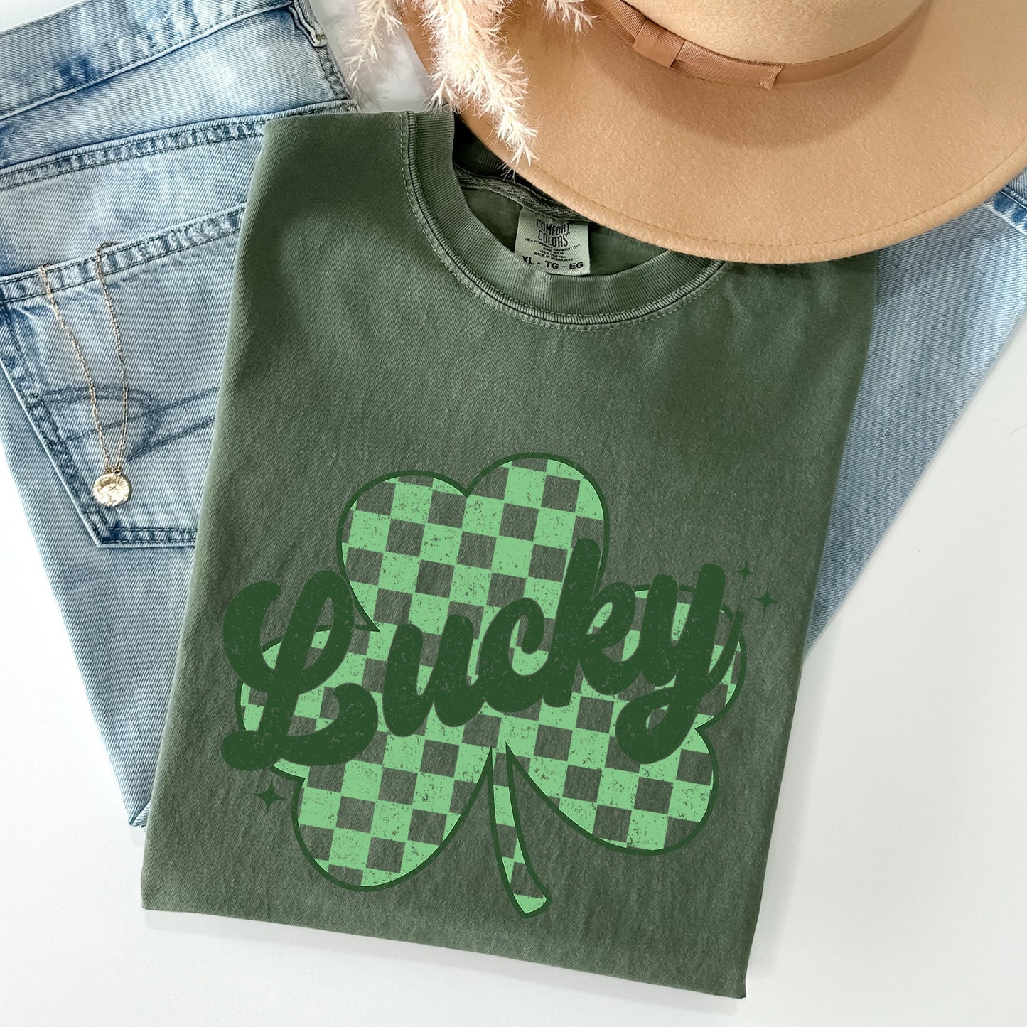 Lucky, Shamrock, Checker Print, St Patrick's Day Comfort Colors Tshirt