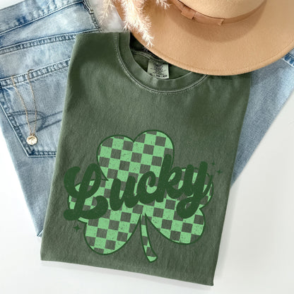 Lucky, Shamrock, Checker Print, St Patrick's Day Comfort Colors Tshirt