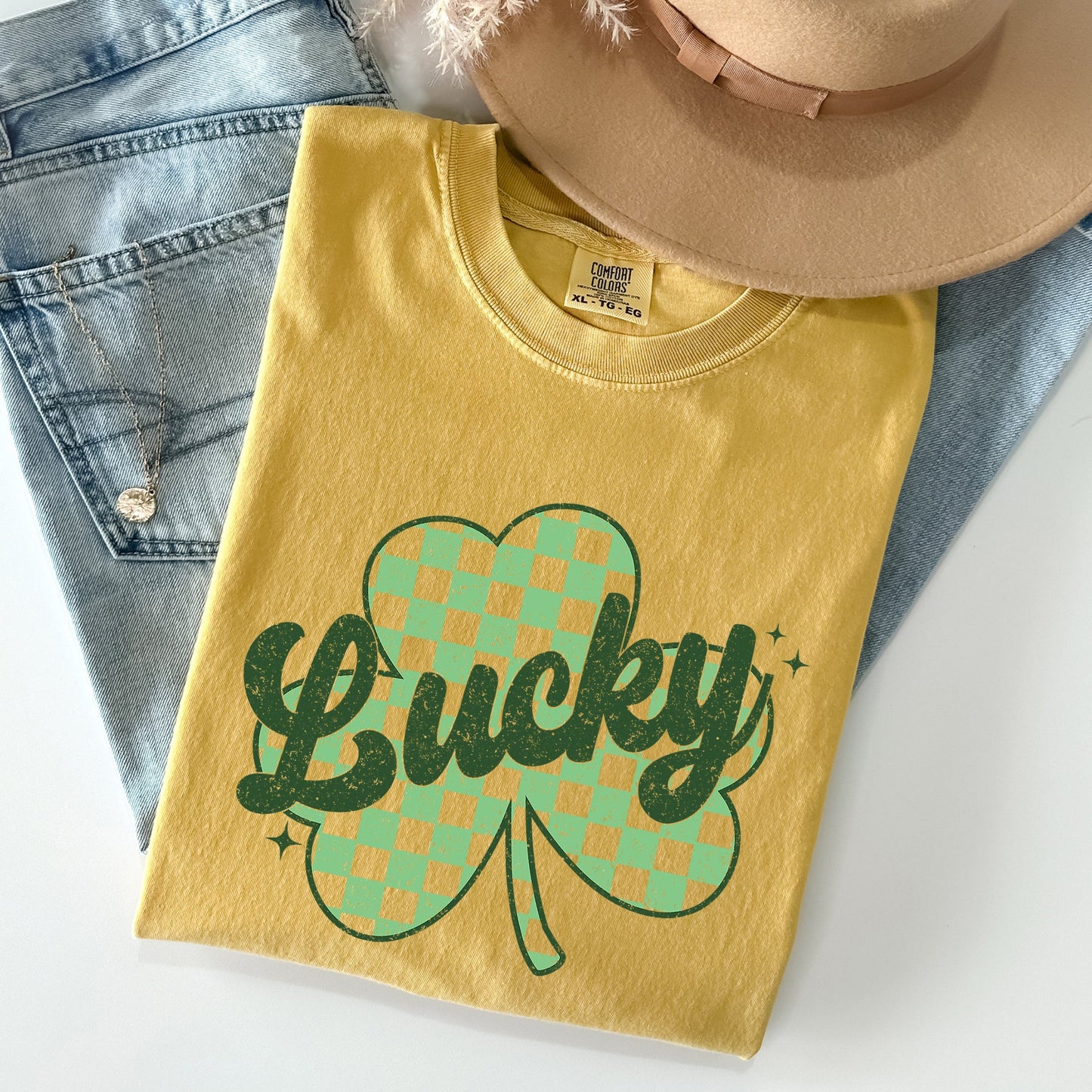 Lucky, Shamrock, Checker Print, St Patrick's Day Comfort Colors Tshirt