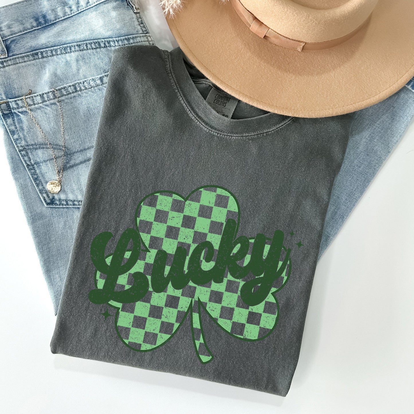 Lucky, Shamrock, Checker Print, St Patrick's Day Comfort Colors Tshirt
