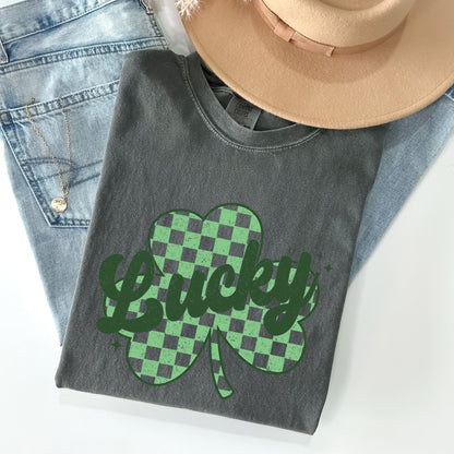 Lucky, Shamrock, Checker Print, St Patrick's Day Comfort Colors Tshirt