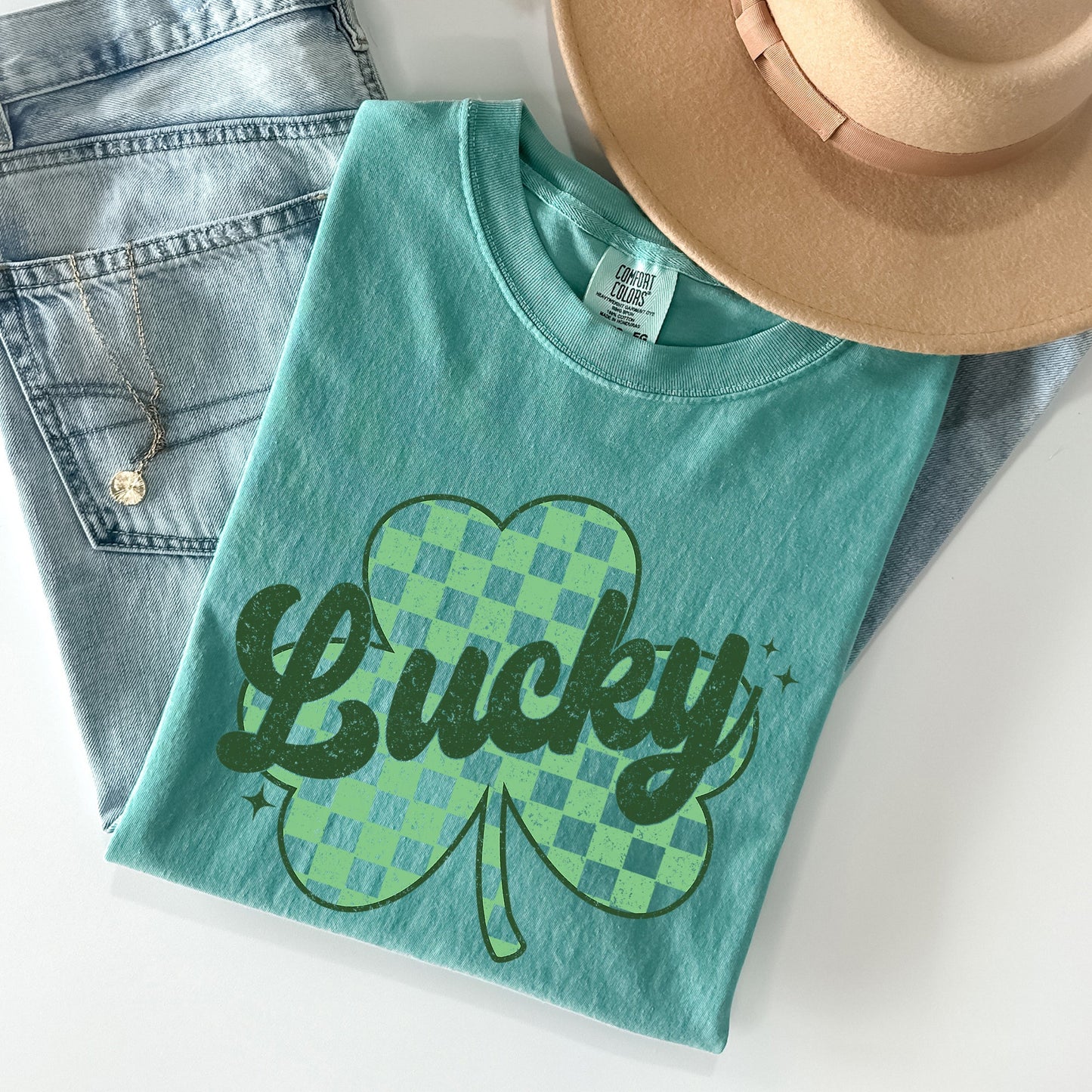 Lucky, Shamrock, Checker Print, St Patrick's Day Comfort Colors Tshirt