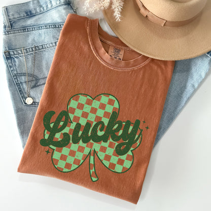 Lucky, Shamrock, Checker Print, St Patrick's Day Comfort Colors Tshirt