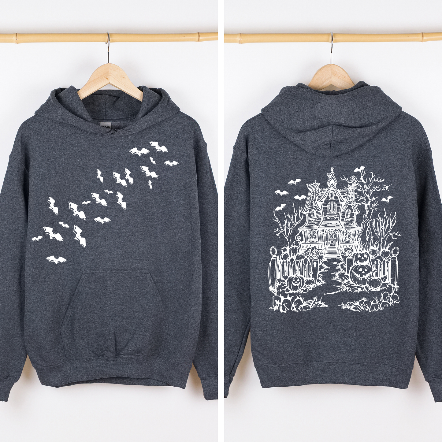 Haunted House, Front and Back, Halloween, Retro, Fall, Autumn, Bats, Witches, Skeleton, Jack-o-lanterns, Graphic Hoodie, Hooded Sweatshirt
