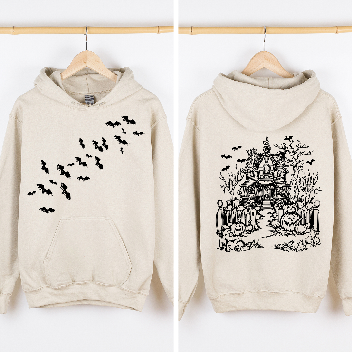 Haunted House, Front and Back, Halloween, Retro, Fall, Autumn, Bats, Witches, Skeleton, Jack-o-lanterns, Graphic Hoodie, Hooded Sweatshirt