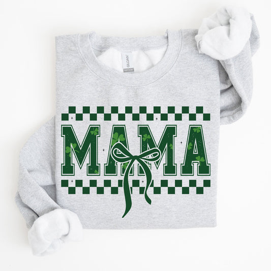 Checkered Mama, Vintage, St. Paddy's Day, Bow, Clover, Shamrock, Lucky, Irish, Lucky Charm, St Patrick's Day Sweatshirt