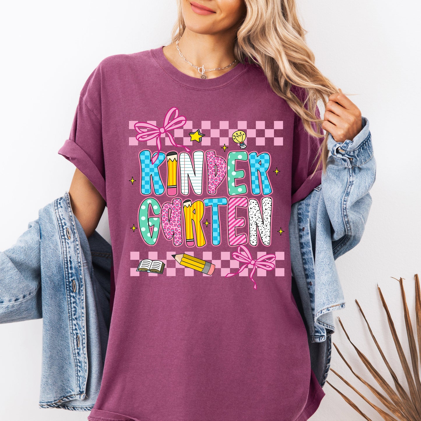 Kindergarten, Teacher, Back to School, Checkered, Bow, First Day of School, Cute, Teacher Appreciation, Coquette, Comfort Colors T-Shirt