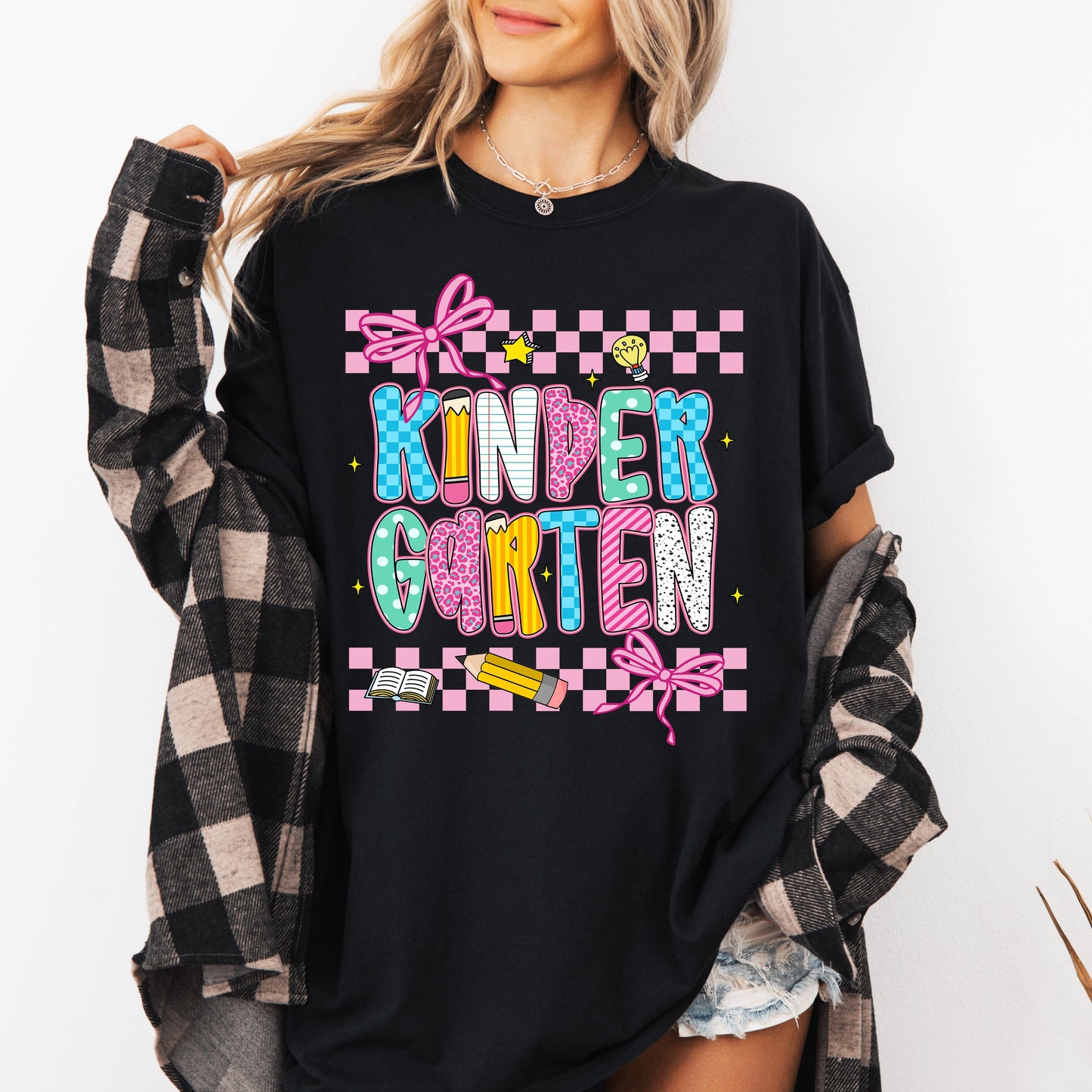 Kindergarten, Teacher, Back to School, Checkered, Bow, First Day of School, Cute, Teacher Appreciation, Coquette, Comfort Colors T-Shirt