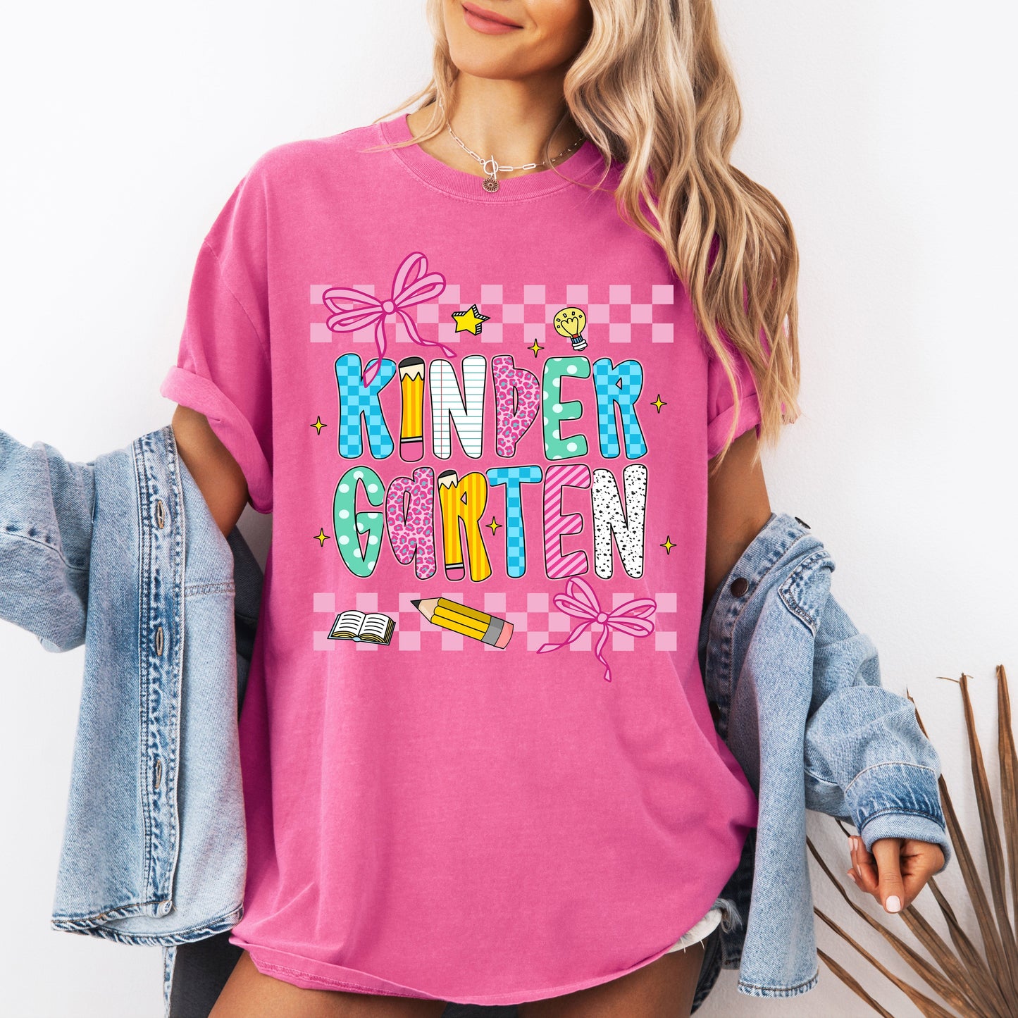 Kindergarten, Teacher, Back to School, Checkered, Bow, First Day of School, Cute, Teacher Appreciation, Coquette, Comfort Colors T-Shirt