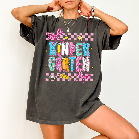 Kindergarten, Teacher, Back to School, Checkered, Bow, First Day of School, Cute, Teacher Appreciation, Coquette, Comfort Colors T-Shirt