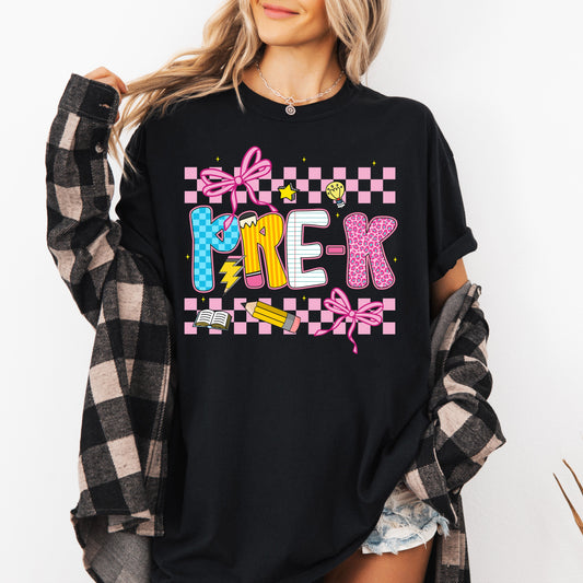 Pre-K, Teacher, Back to School, Checkered, Bow, First Day of School, Cute, Teacher Appreciation, Coquette, Comfort Colors T-Shirt