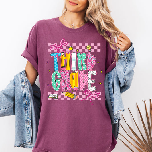 Third Grade, Teacher, Back to School, Checkered, Bow, First Day of School, Cute, Teacher Appreciation, Coquette, Comfort Colors T-Shirt