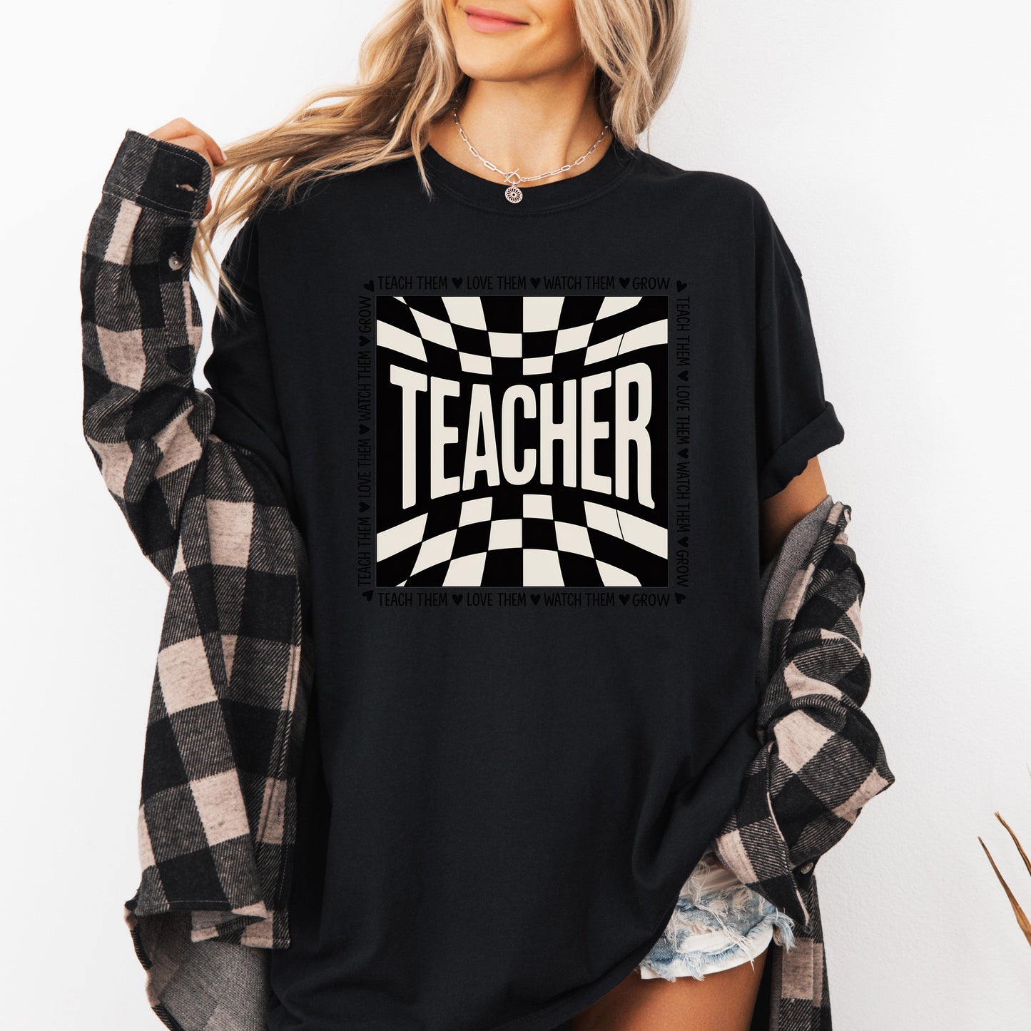 Teacher, Checkered, Back to School, First Day of School, Cute, Teacher Appreciation, Coquette, Comfort Colors T-Shirt