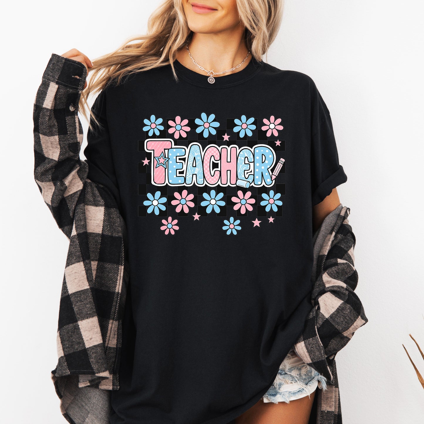 Teacher, Checkered, Retro, Floral, Back to School, First Day of School, Cute, Teacher Appreciation, Coquette, Comfort Colors T-Shirt