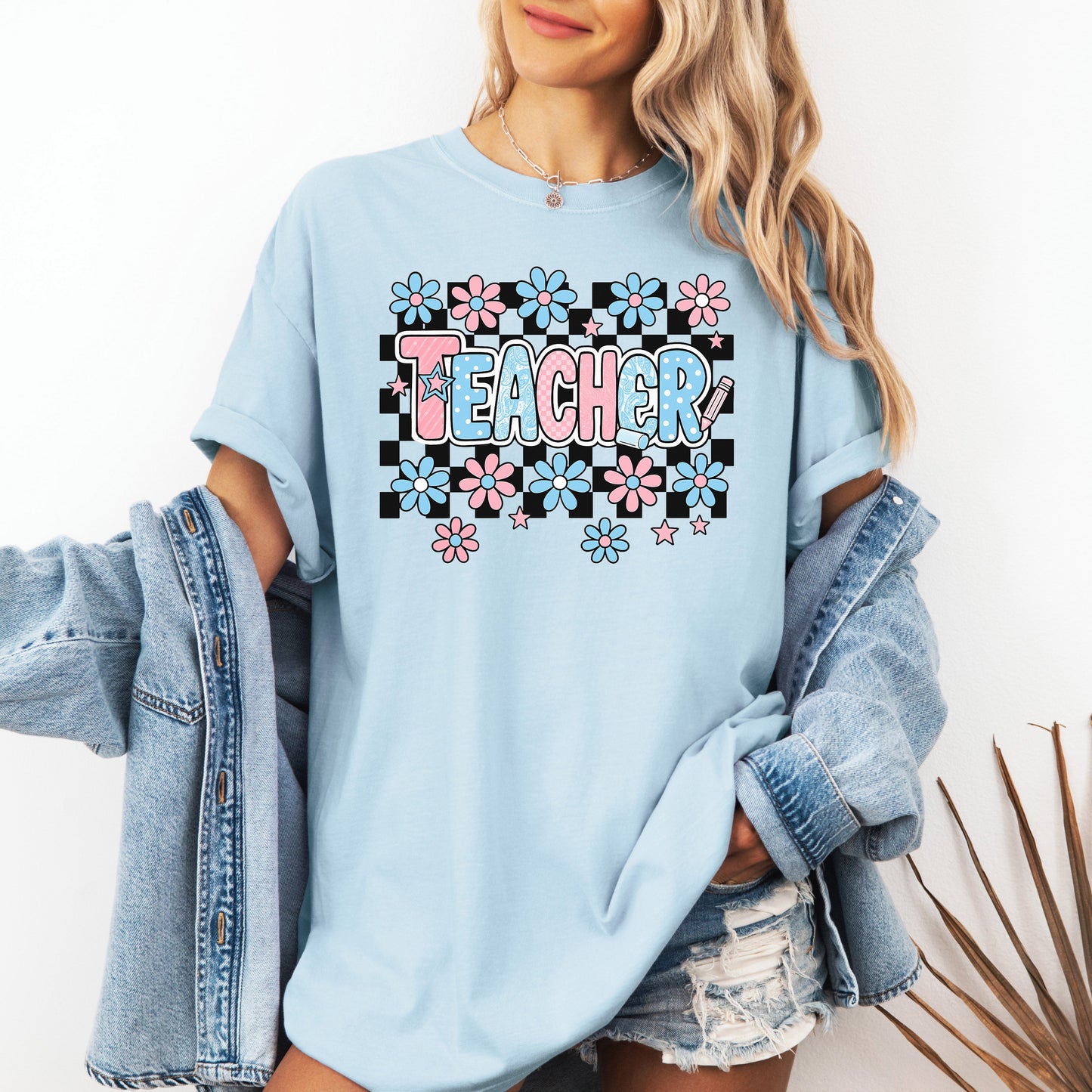 Teacher, Checkered, Retro, Floral, Back to School, First Day of School, Cute, Teacher Appreciation, Coquette, Comfort Colors T-Shirt