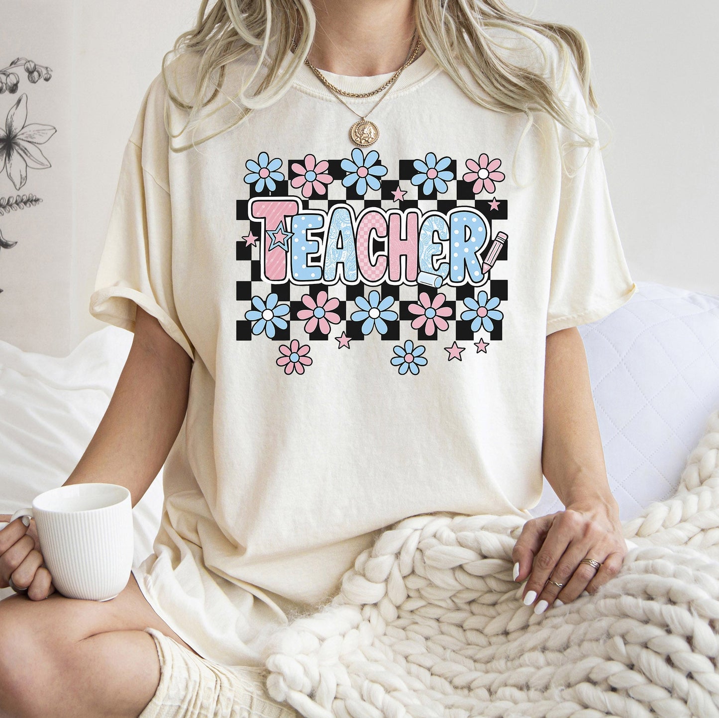 Teacher, Checkered, Retro, Floral, Back to School, First Day of School, Cute, Teacher Appreciation, Coquette, Comfort Colors T-Shirt
