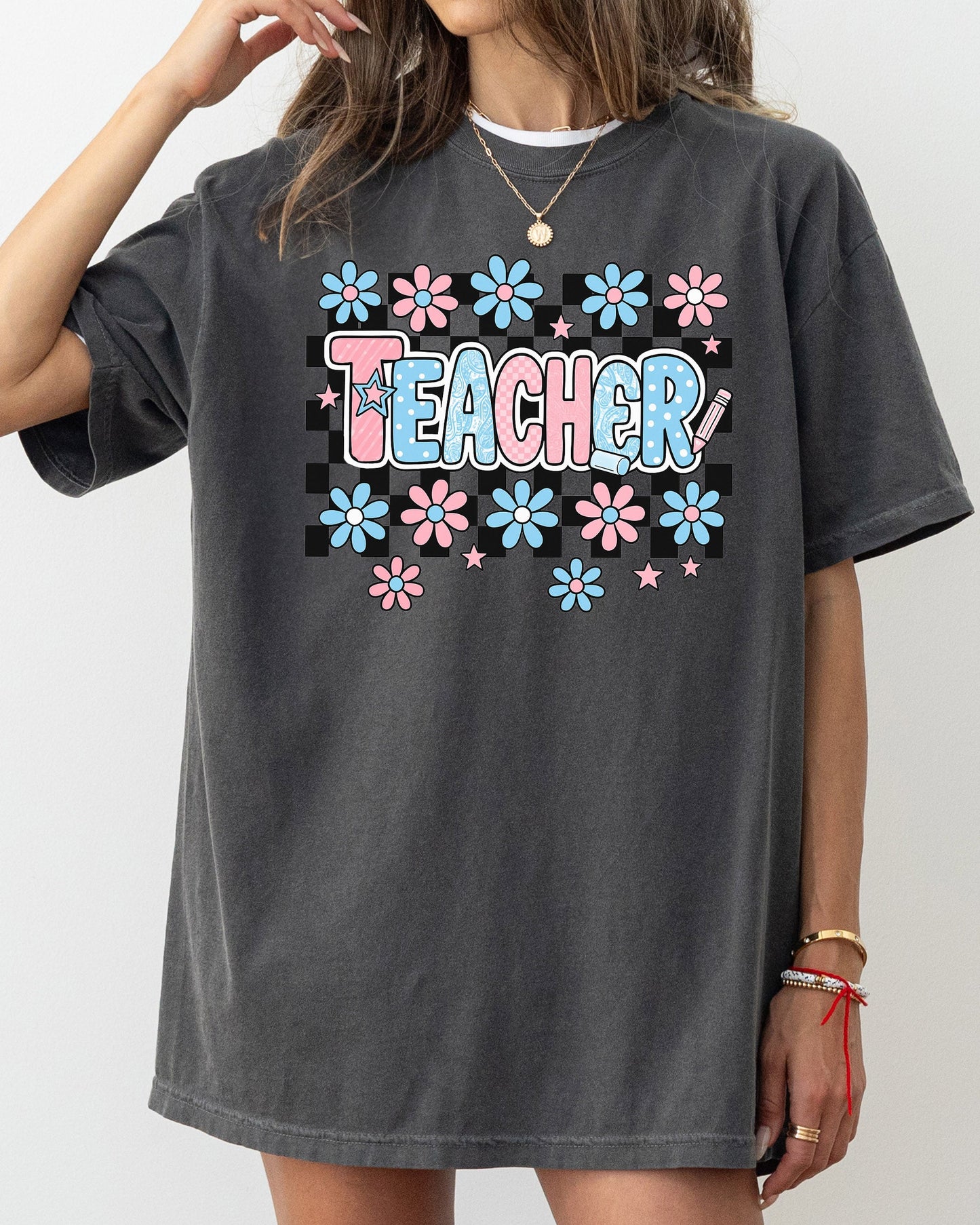 Teacher, Checkered, Retro, Floral, Back to School, First Day of School, Cute, Teacher Appreciation, Coquette, Comfort Colors T-Shirt