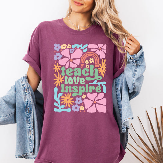 Teach Love Inspire, Teacher, Boho, Floral, Back to School, First Day of School, Cute, Teacher Appreciation, Coquette, Comfort Colors T-Shirt