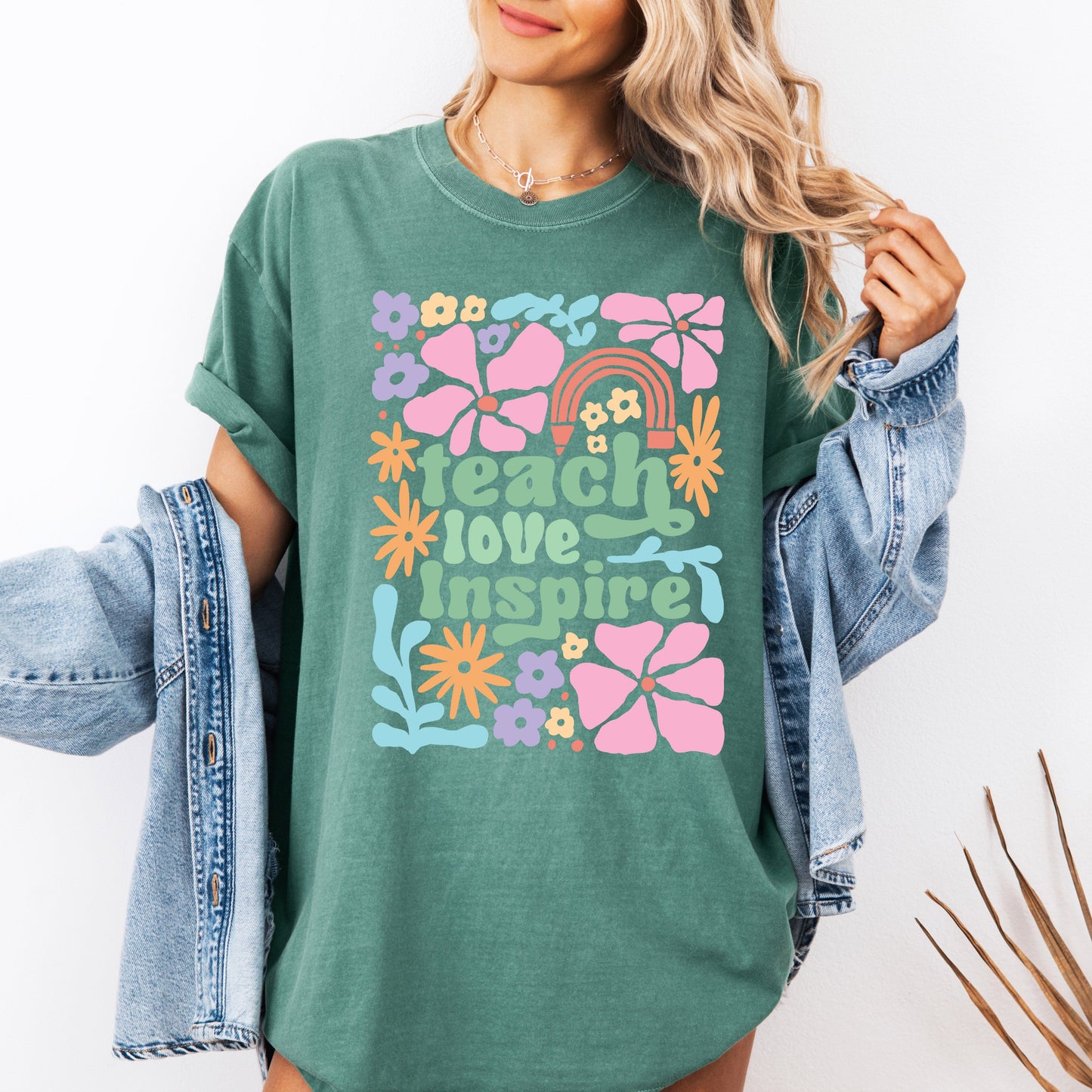 Teach Love Inspire, Teacher, Boho, Floral, Back to School, First Day of School, Cute, Teacher Appreciation, Coquette, Comfort Colors T-Shirt