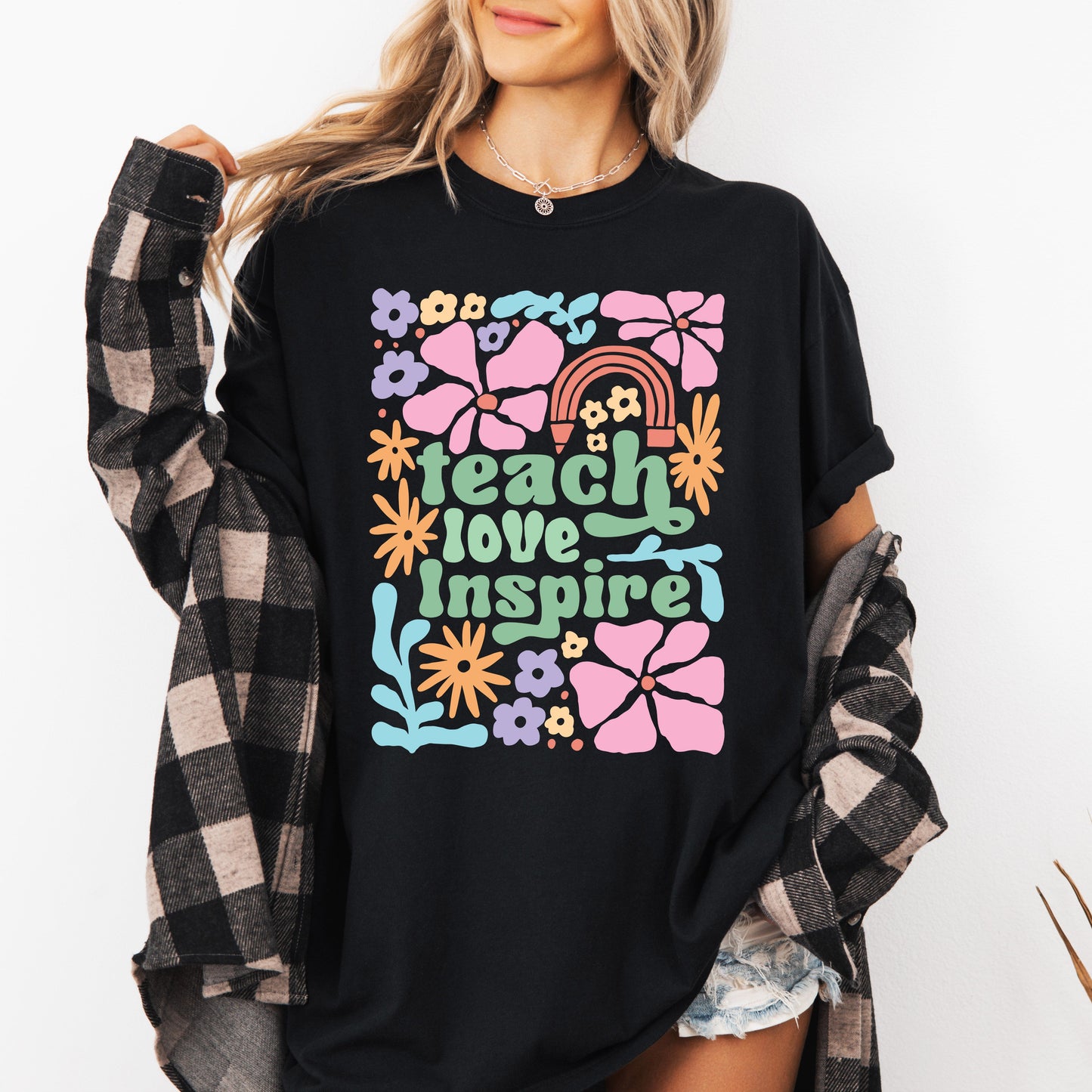 Teach Love Inspire, Teacher, Boho, Floral, Back to School, First Day of School, Cute, Teacher Appreciation, Coquette, Comfort Colors T-Shirt