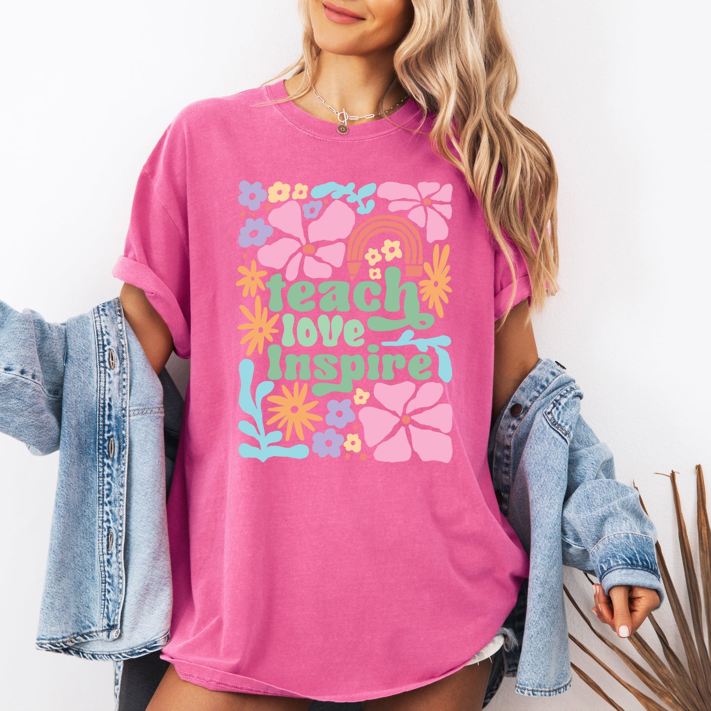 Teach Love Inspire, Teacher, Boho, Floral, Back to School, First Day of School, Cute, Teacher Appreciation, Coquette, Comfort Colors T-Shirt
