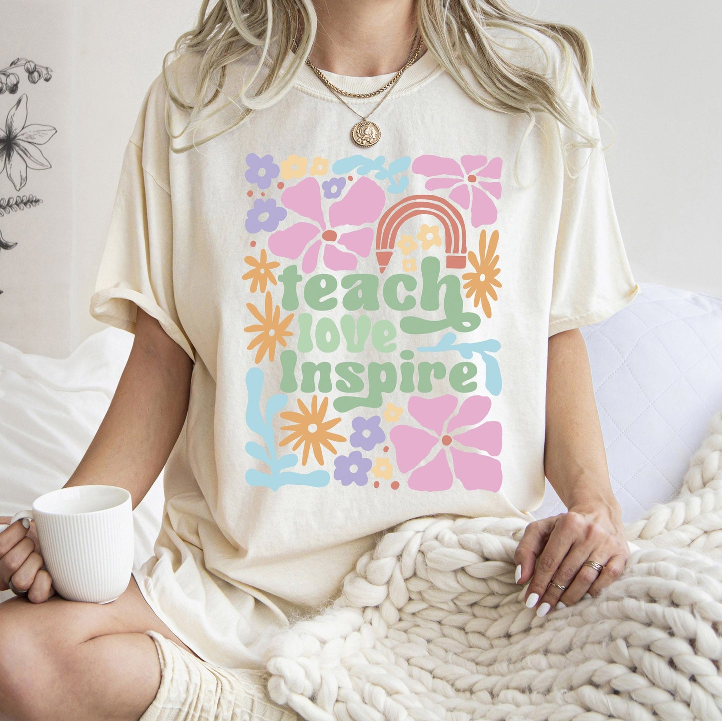 Teach Love Inspire, Teacher, Boho, Floral, Back to School, First Day of School, Cute, Teacher Appreciation, Coquette, Comfort Colors T-Shirt