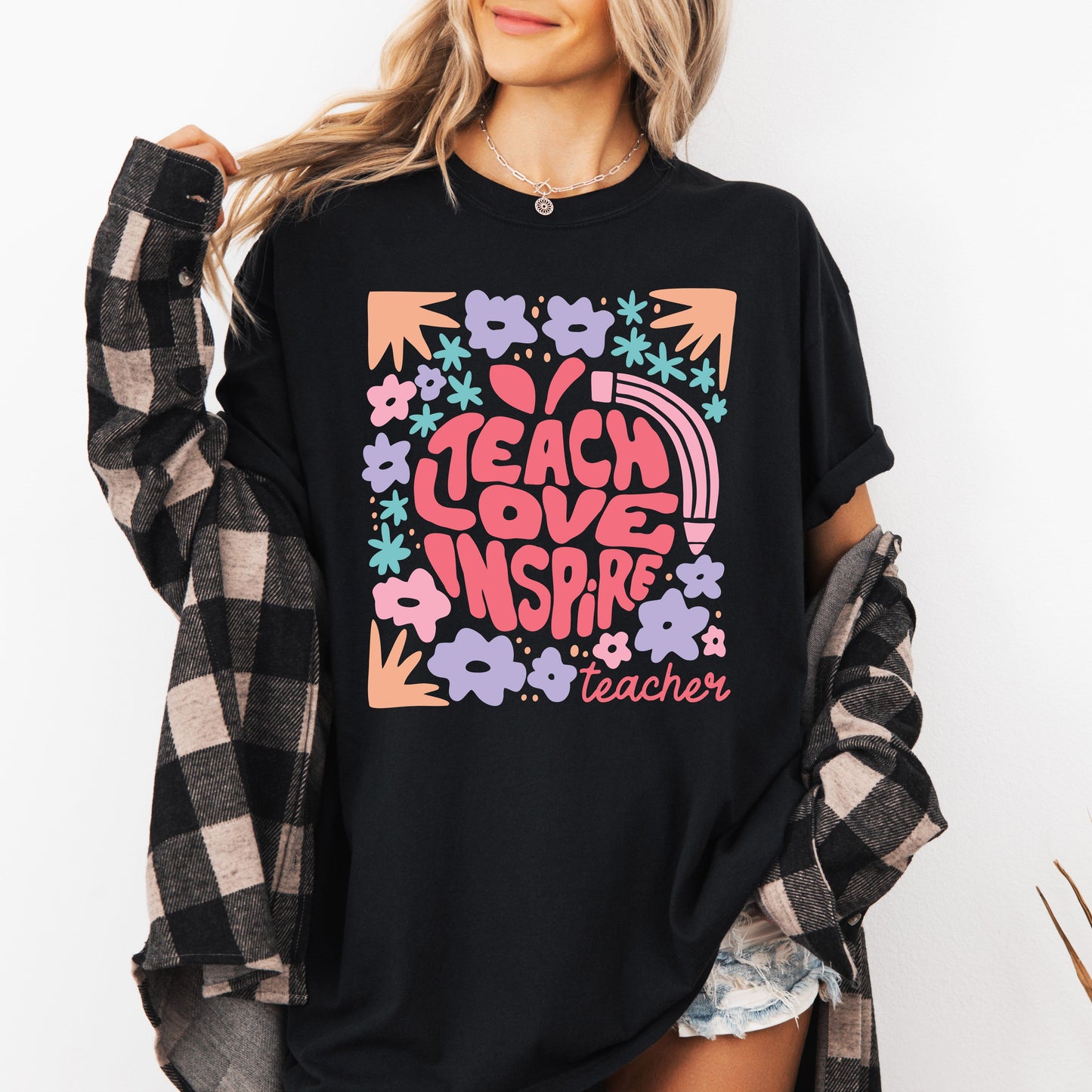 Teach Love Inspire, Teacher, Boho, Floral, Back to School, First Day of School, Cute, Teacher Appreciation, Coquette, Comfort Colors T-Shirt